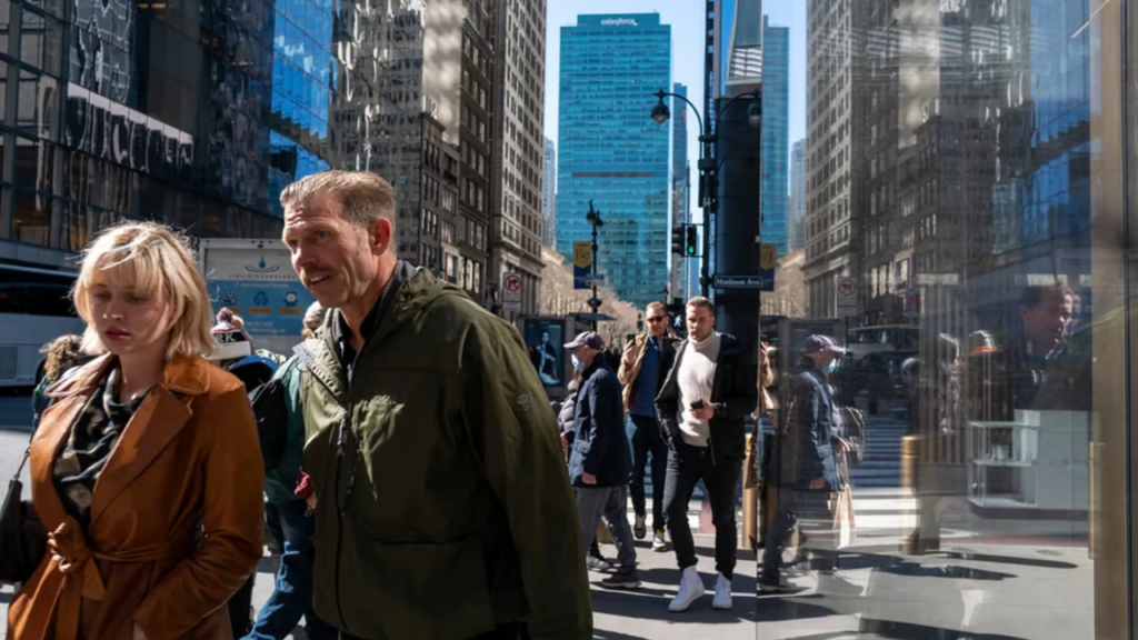 Professionals walking through a downtown commercial office space district