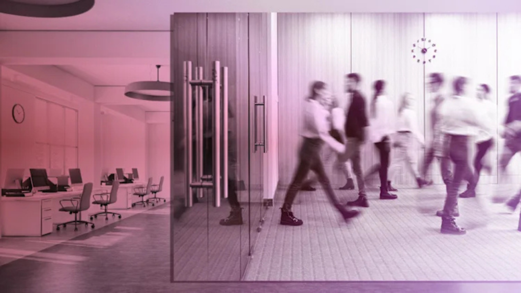 Employees moving through modern office space during relocation