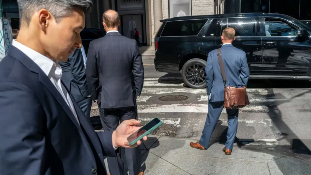 Business professionals navigating corporate real estate districts during the workday