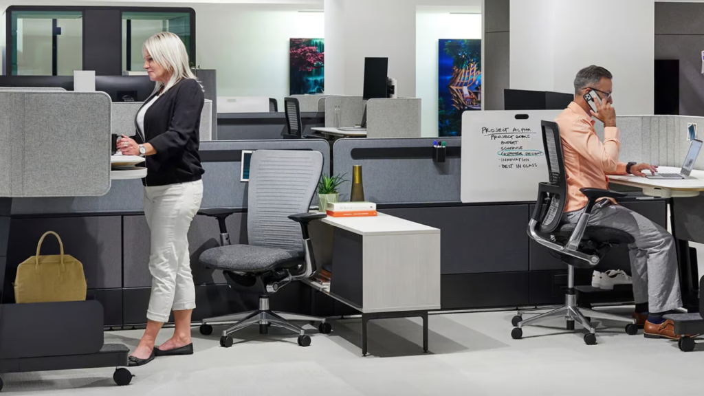 Employees working in a flexible office space designed for productivity